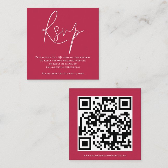 Script QR Code Wedding Magenta RSVP Enclosure Card (Front/Back)