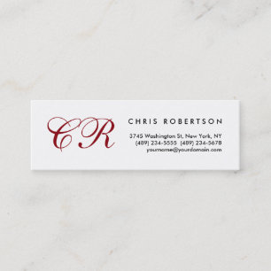 Script Red Monogram White Slim Size Business Card