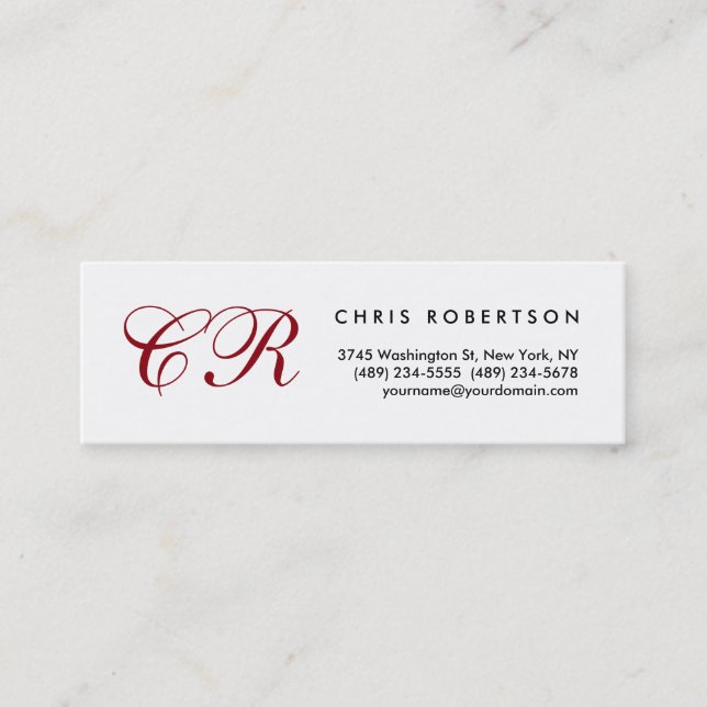 Script Red Monogram White Slim Size Business Card (Front)