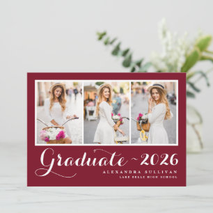 Script Red Three Photo Collage Graduation Invitation