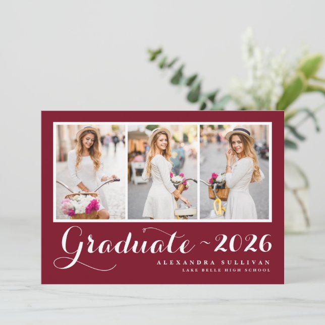 Script Red Three Photo Collage Graduation Invitation (Standing Front)