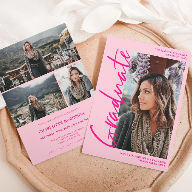  Script retro neon pink graduate photo graduation Invitation (Script retro neon pink graduate photo graduation Invitation)