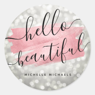 Script Rose Gold Silver Lights "Hello Beautiful" Classic Round Sticker