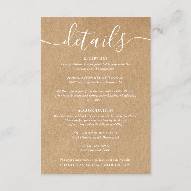 Script Rustic Kraft Wedding Details Information Enclosure Card (Front)