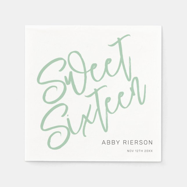Script Sage Green Sweet Sixteen Custom Name Napkin (Front)