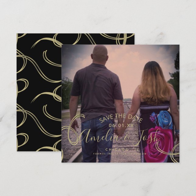 Script Save the Date Photo Faux Swirl  Black Gold Card (Front/Back)