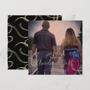 Script Save the Date Photo Faux Swirl  Black Gold Card