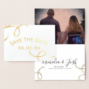 Script Save the Date Photo Faux Swirl  Black Gold  Foil Card
