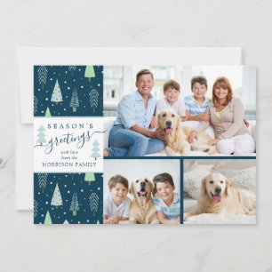 Script SEASON'S GREETING Blue Green Trees 3 Photos Holiday Card