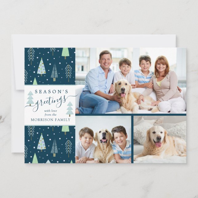 Script SEASON'S GREETING Blue Green Trees 3 Photos Holiday Card (Front)