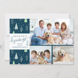 Script SEASON'S GREETING Blue Green Trees 3 Photos Holiday Card