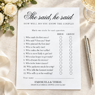 Script She Said He Said Bridal Shower Game Letterhead