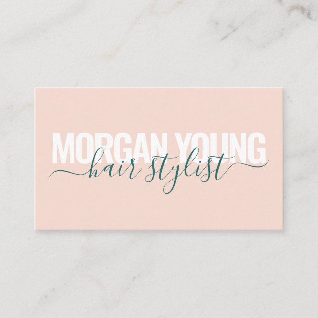 Script signature modern peach green hair stylist business card (Front)