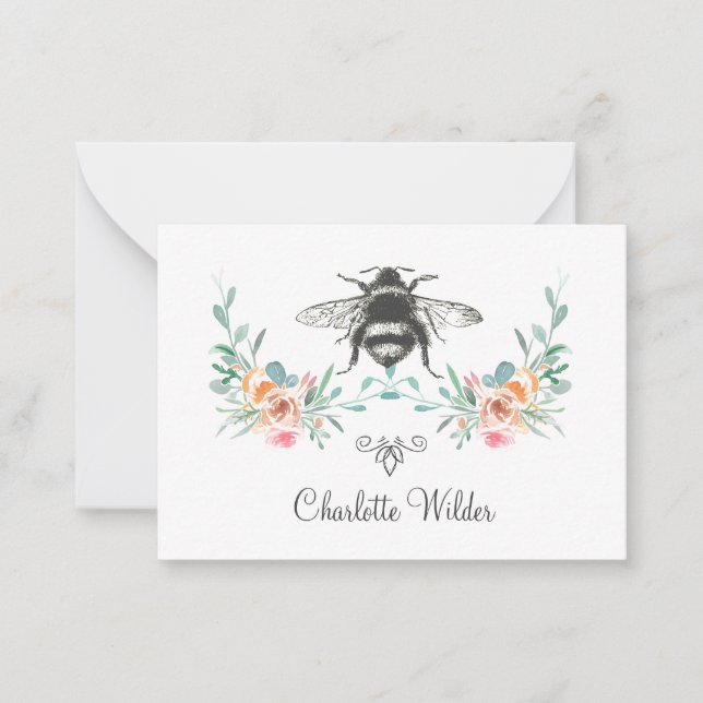 Script Signature Personalized Bee Floral  Card (Front)