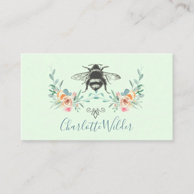 Script Signature Personalized Bee Floral Green Calling Card (Front)