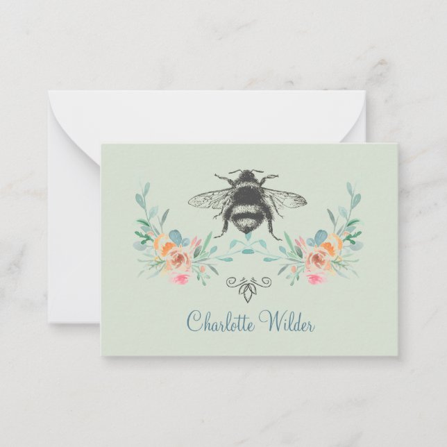 Script Signature Personalized Bee Floral Green  Card (Front)
