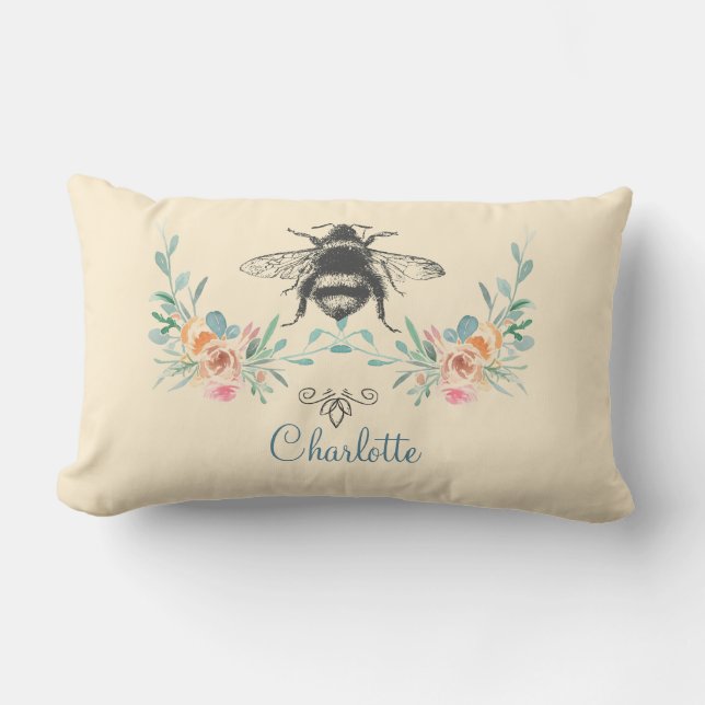 Script Signature Personalized Bee Floral Lumbar Pillow (Front)