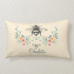 Script Signature Personalized Bee Floral Lumbar Pillow