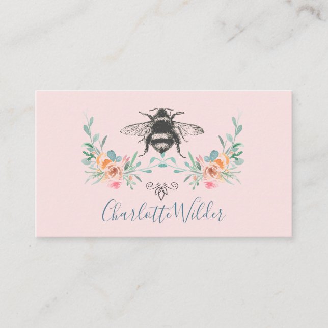 Script Signature Personalized Bee Floral Pink Calling Card (Front)