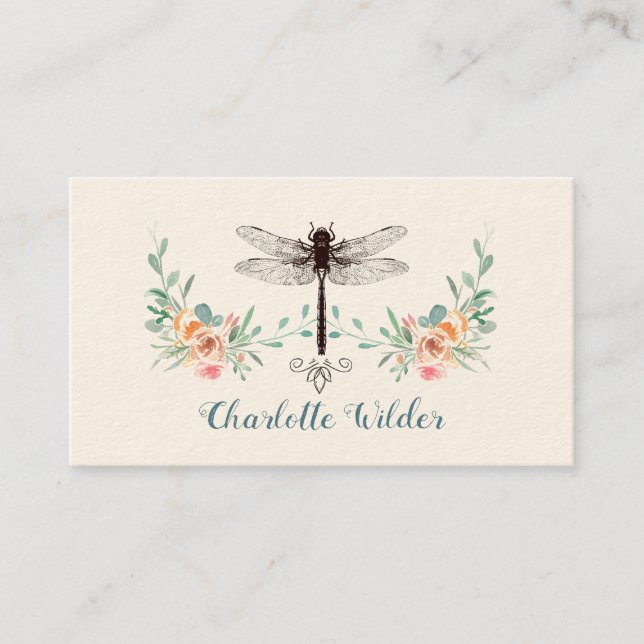 Script Signature Personalized Dragonfly Floral Calling Card (Front)