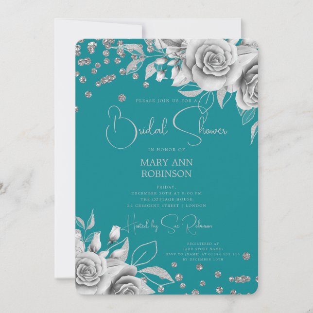 Script Silver Floral Glitter Bridal Shower Teal  Invitation (Front)