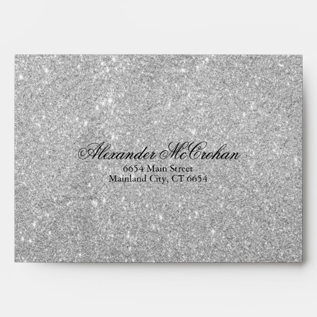 Script Silver Glitter Return Address Mailing Envelope (Front)
