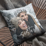 Script Sisters Photo & Quote Keepsake Gift Throw Pillow<br><div class="desc">Celebrate your unbreakable sisterly bond with our Elegant Script 'Sister' Typography and Custom Photo Pillow. This unique gift showcases a cherished photograph of you and your sister, accompanied by beautifully crafted calligraphy, script lettering and a name/s tag. Plus, add a personal touch with a heartwarming quote on the reverse. Make...</div>