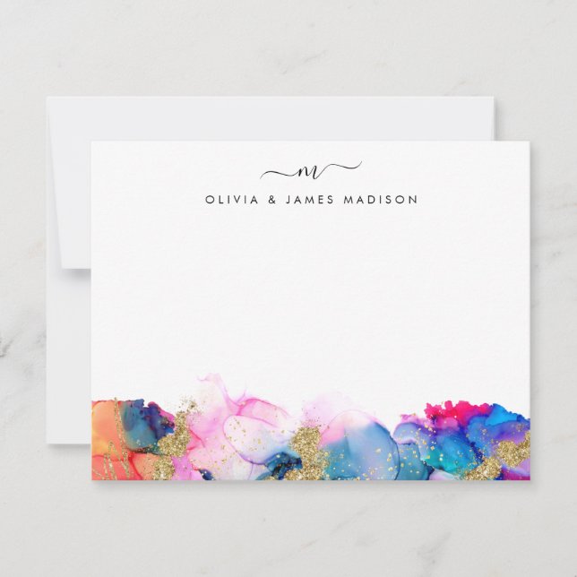 Script Swash Monogram Couple Rainbow Alcohol Ink Card (Front)