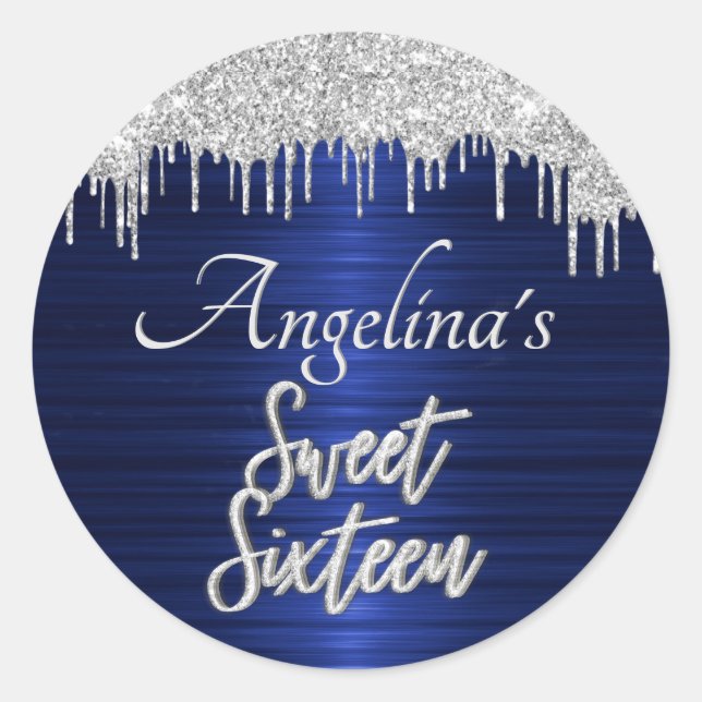 Script Sweet 16 Birthday Silver Glitter Blue Classic Round Sticker (Front)