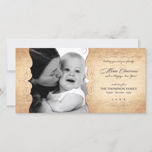 Script Swirls Vintage Sepia Christmas photo card (Front)