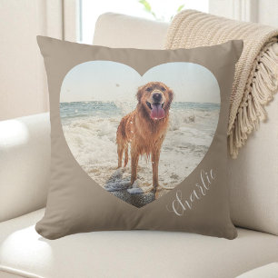 Script Taupe Pet Heart Photo Personalized Dog Throw Pillow