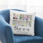Script This is Us Family Name Photo Collage Throw Pillow<br><div class="desc">Pillow featuring the words "this is us" in a stylish script with 4 photos photos arranged side by side on the front and back side making it 8 photos in total that you can replace with you own photos against a white background. You can also add your family name and...</div>