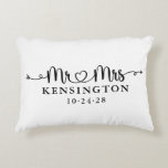 Script Typography Custom Mr Mrs Wedding Photo Accent Pillow<br><div class="desc">Script Wedding Heart Arrows Mr Mrs Wedding Photo Accent Throw Pillow personalized with the happy couple's last name,  & wedding date! Easy to customize for the perfect gift for weddings,  anniversaries,  first Christmas,  engagement,  etc. Please contact us at cedarandstring@gmail.com if you need assistance with the design or matching products.</div>