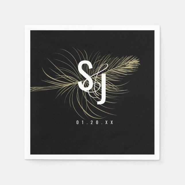 Script Typography Faux Gold Feather Bohemian Napkin (Front)