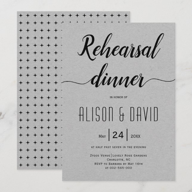 Script typography grey wedding rehearsal dinner invitation (Front/Back)