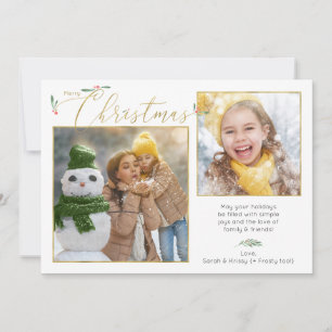 Script Typography Minimalist 2-Photo Gold & White Holiday Card