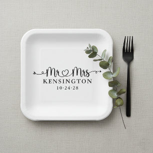 Script Typography Personalized Mr Mrs Wedding Paper Plate