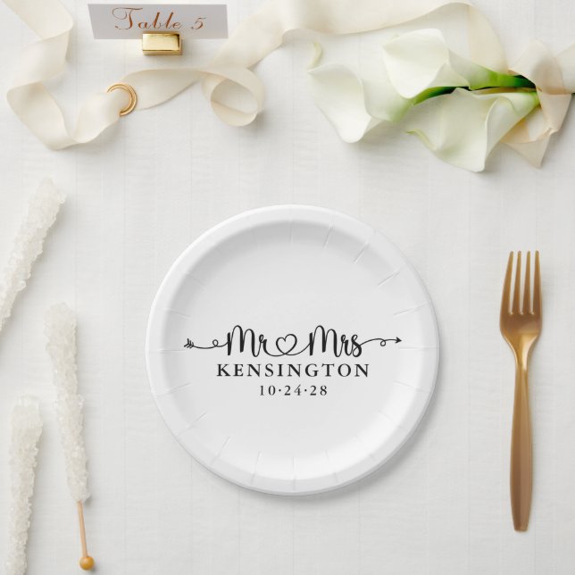 Script Typography Personalized Mr Mrs Wedding Paper Plate (Wedding)