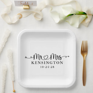 Script Typography Personalized Mr Mrs Wedding Paper Plate