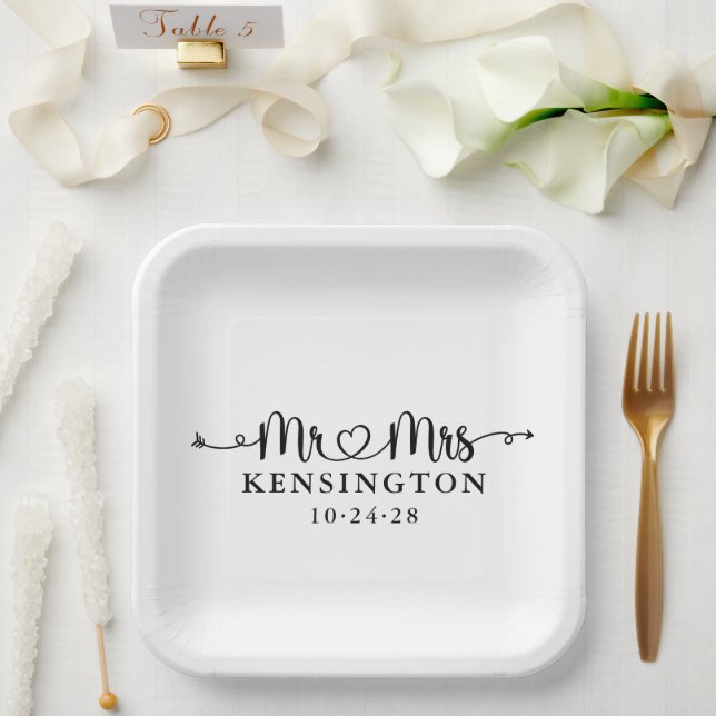 Script Typography Personalized Mr Mrs Wedding Paper Plate (Wedding)