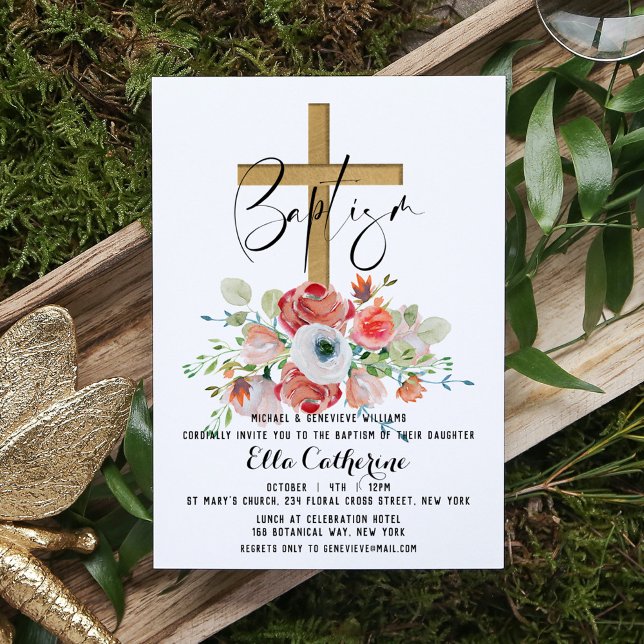 Script Watercolor Floral Cross Baptism Invitation (Creator Uploaded)