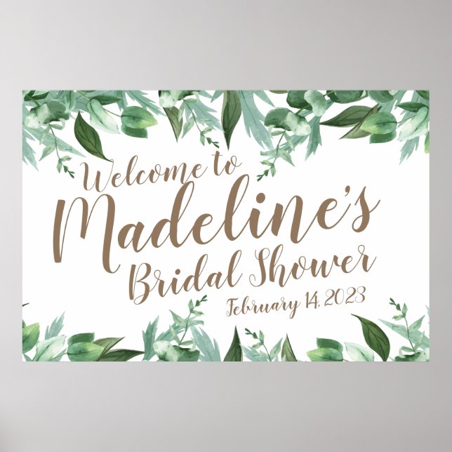 Script Watercolor Greenery Bridal Shower Welcome Poster (Front)