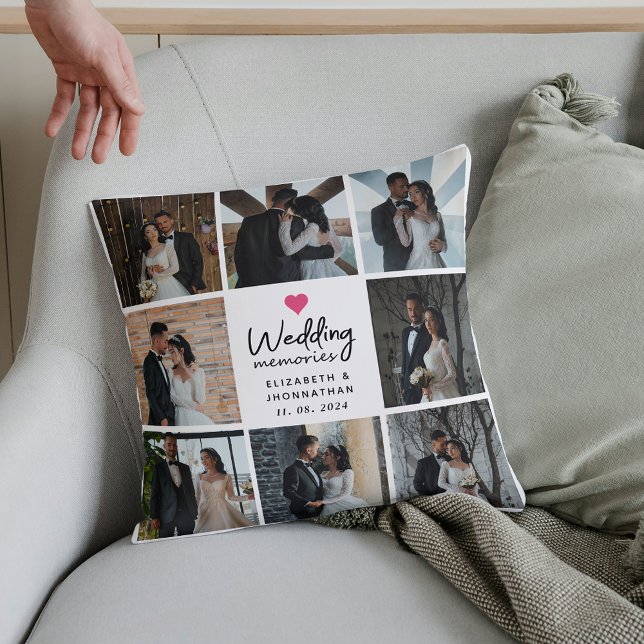Script Wedding Memories Heart Couple Photo Collage Throw Pillow (Creator Uploaded)