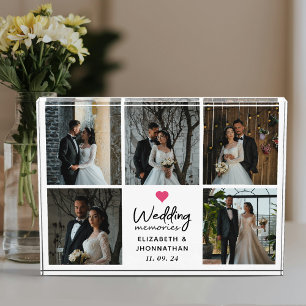 Script Wedding Memories Pink Heart Couple Collage Photo Block