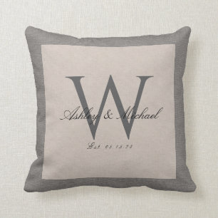 SCRIPT WEDDING MONOGRAM   Linen Photo Keepsake Throw Pillow