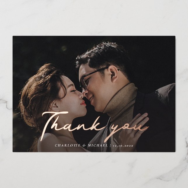 Script Wedding Photo Rose Gold Foil Thank You Card (Front)