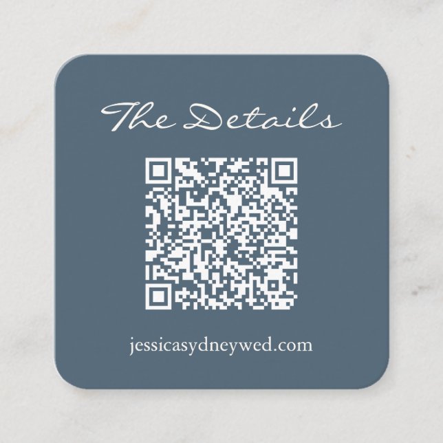 Script Wedding RSVP Details QR Code Dark Blue Enclosure Card (Front)