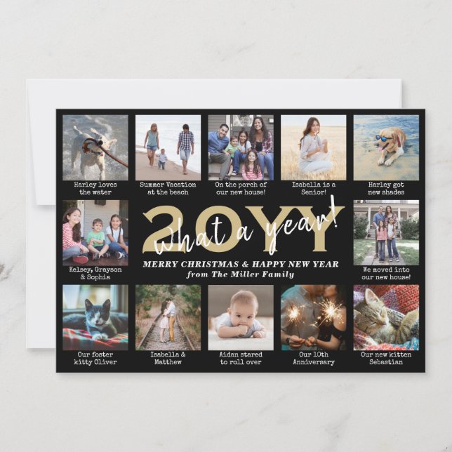 Script What a Year! 12 Photo Collage Black & Gold Holiday Card (Front)