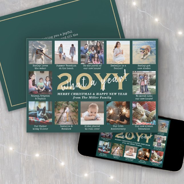 Script What a Year! 12 Photo Collage Green & Gold Holiday Card (Creator Uploaded)