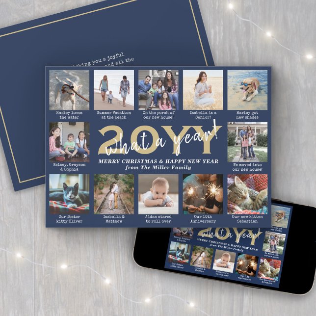 Script What a Year! 12 Photo Collage Navy and Gold Holiday Card (Creator Uploaded)